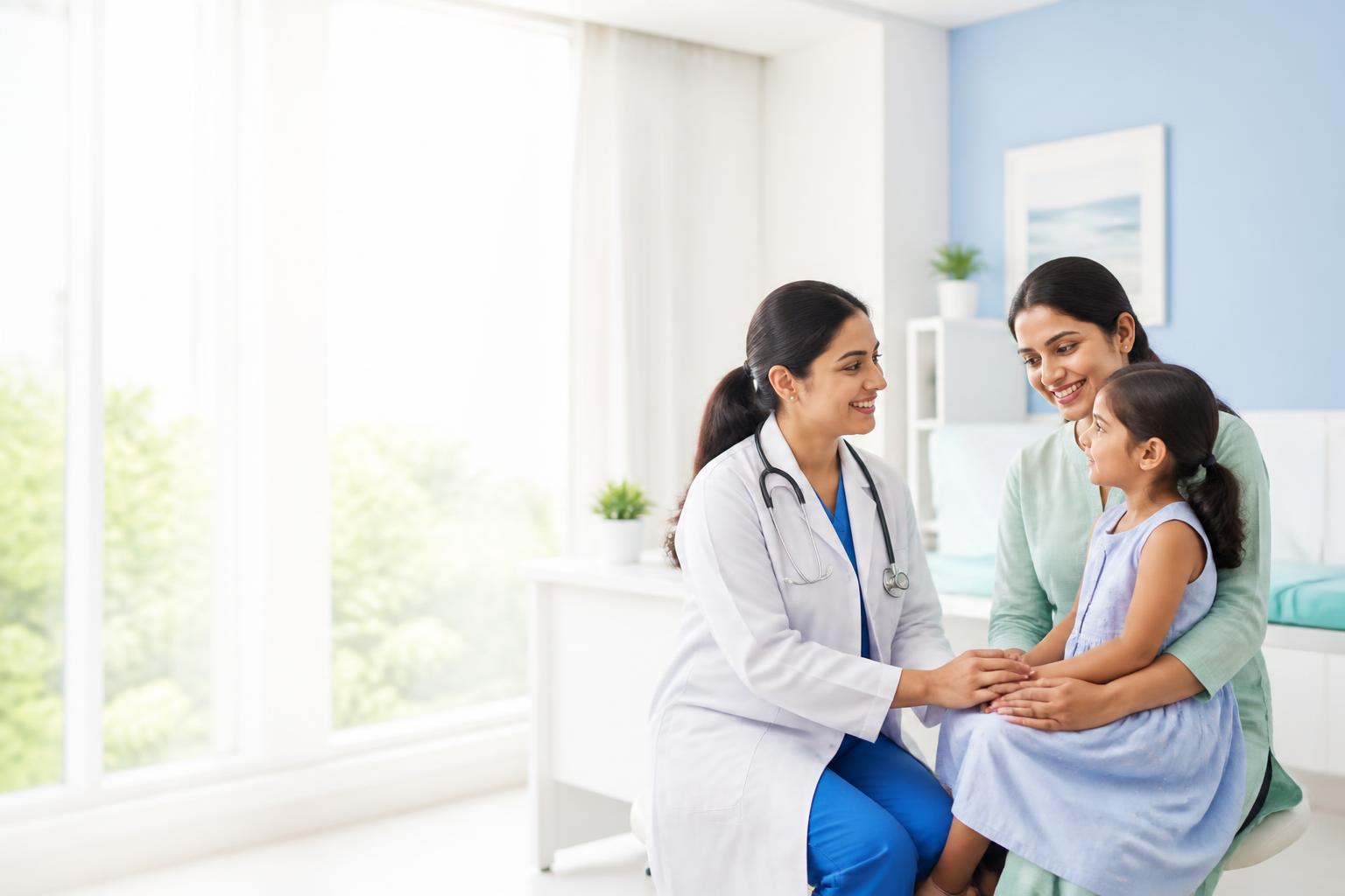 A doctor speaking with a mother and child in a bright clinic